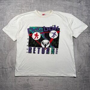 Reebok Shirt Mens Large White Vintage 90s Ringer Neck Gym Sports Single Stitch